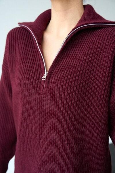 Polo Yaka Fermuarlı Kazak - Bordo