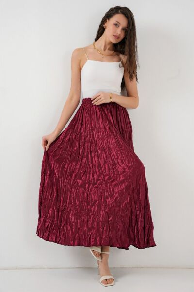 Uzun Kırışık Etek 8034 - Bordo