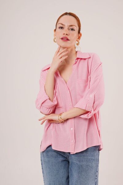 Yarasa Kol Çizgili Cep Detaylı Pembe Gömlek