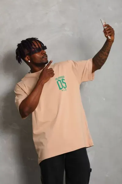 Unisex Oversize Baskılı Bisiklet Yaka T-Shirt - Bej