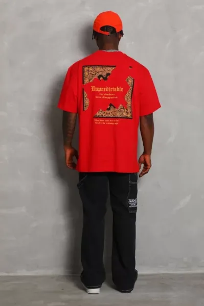 Unisex Oversize Baskılı Bisiklet Yaka T-Shirt - Kırmızı
