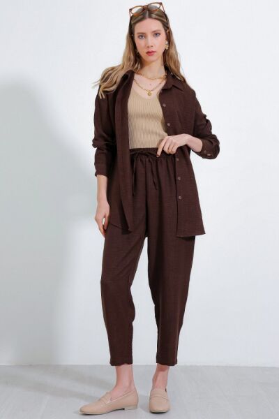 Kahverengi Oversize Keten Alt Üst Takım 6622