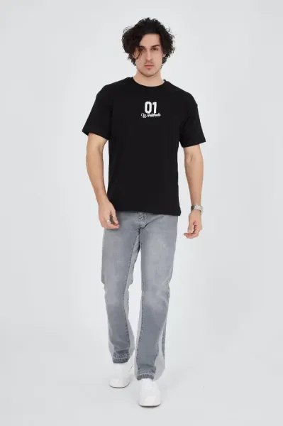 Erkek Bisiklet Yakalı Baskılı T-Shirt - Siyah
