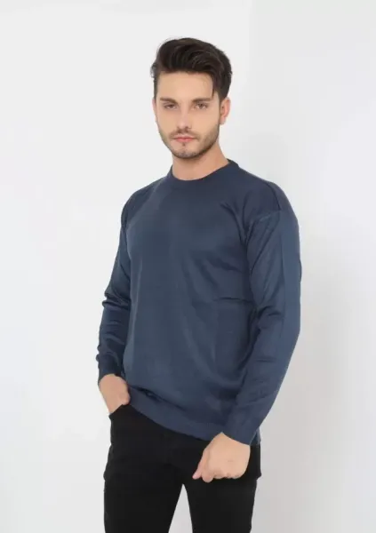 Unisex Uzun Kol Biskilet Yaka Dokuma Triko - Indigo