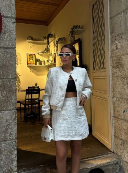CHANEL CROP CEKET-KISA ETEK TAKIM - Beyaz