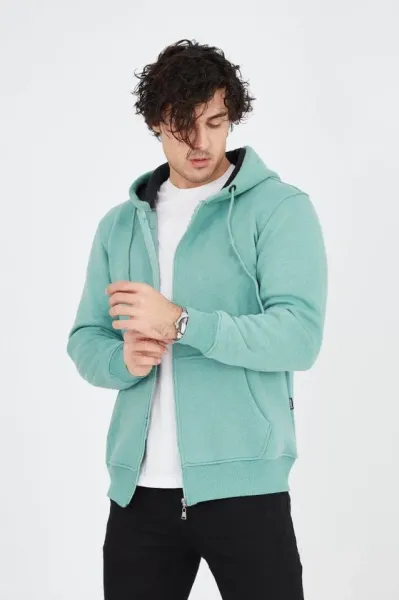 Erkek Kapüşonlu Düz Fermuarlı Hırka - Mint Yeşili