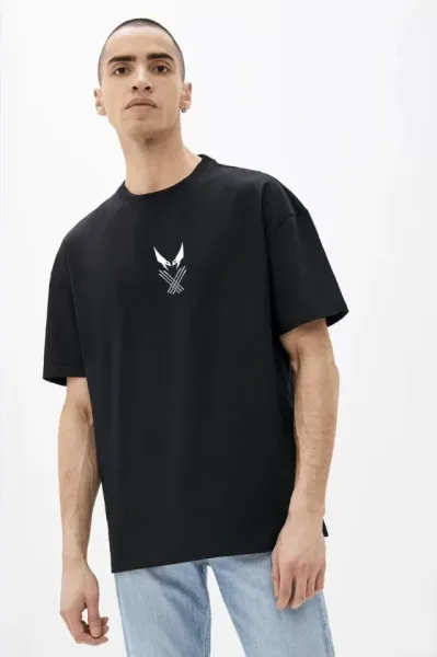 Unisex Bisiklet Yaka Baskılı Oversize T-Shirt - Siyah