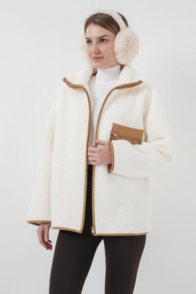 55446 Fermuarlı Oversize Peluş Ceket Mont - Camel