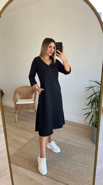 Kadın Uzun Kollu V Yakalı Yanlardan Yırtmaçlı Viskon Iki Iplik Midi Elbise