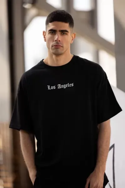 Unisex Bisiklet Yaka Baskılı Oversize T-Shirt - Siyah