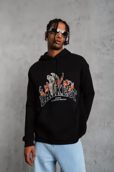 Erkek DANKES Baskılı Kapüşonlu Sweat - Siyah