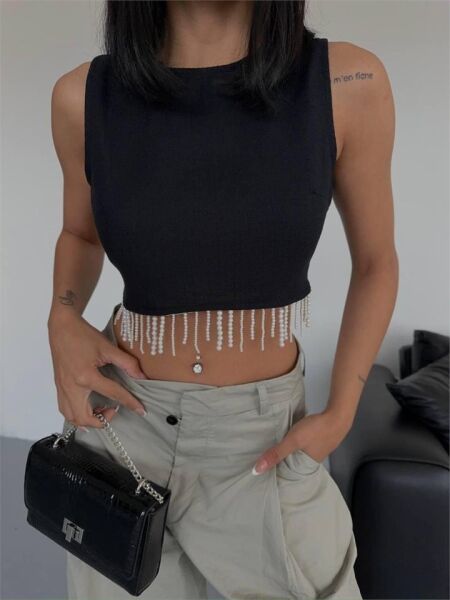 KETEN CROP KOLSUZ BLUZ SALLAMA TAŞLI - Siyah