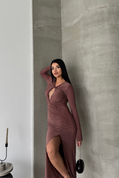 SANDY ELBİSE BÜZGÜ DETAYLI - Kahverengi