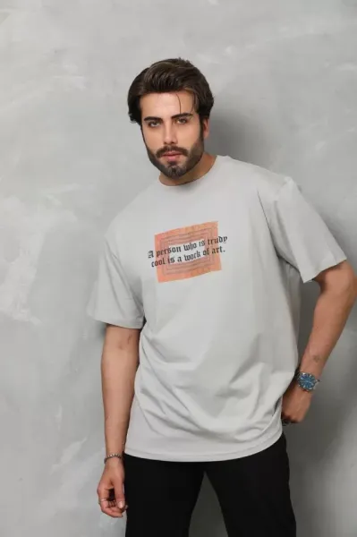Unisex Bisiklet Yaka Baskılı Oversize T-Shirt - Gri