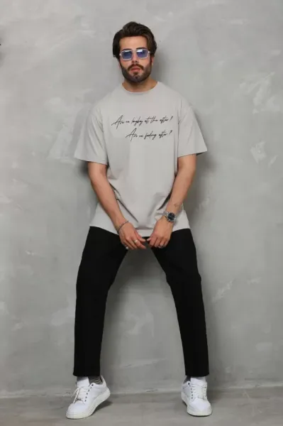 Unisex Bisiklet Yaka Baskılı Oversize T-Shirt - Gri