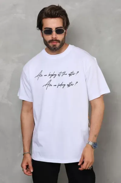 Unisex Bisiklet Yaka Baskılı Oversize T-Shirt - Beyaz