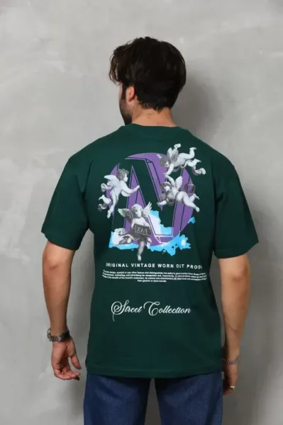 Unisex Bisiklet Yaka Baskılı Oversize T-Shirt - Yeşil