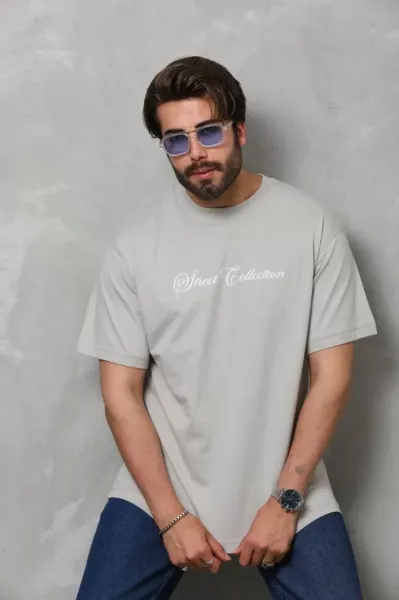 Unisex Bisiklet Yaka Baskılı Oversize T-Shirt - Gri