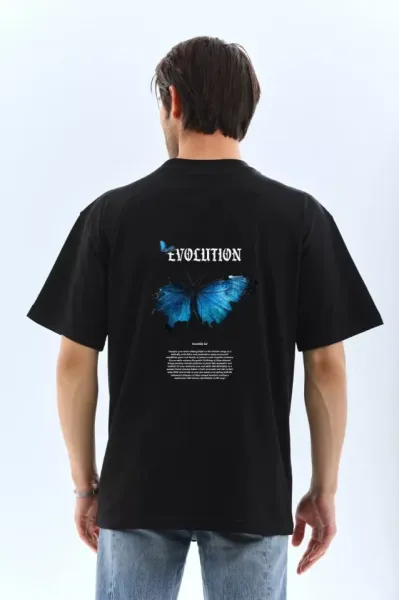 Unisex Bisiklet Yaka Baskılı Oversize T-Shirt - Siyah