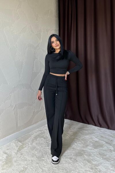 Siyah Bel Büzgülü Pantolon